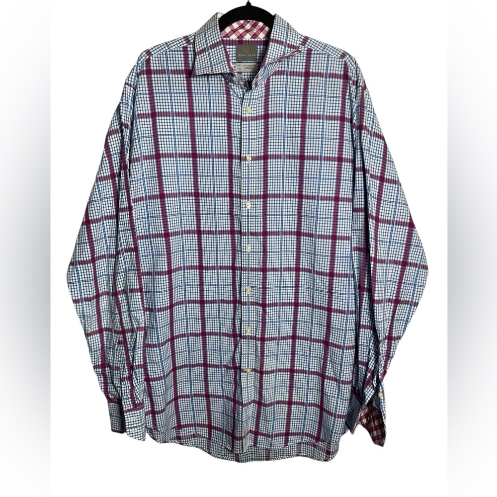Thomas Dean shirt size XXLT men’s blue & pink plaid Pima Cotton  button‎ down